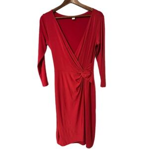 Dressbarn Red V Neck Long Sleeve Knot Detail Midi Dress Size 8